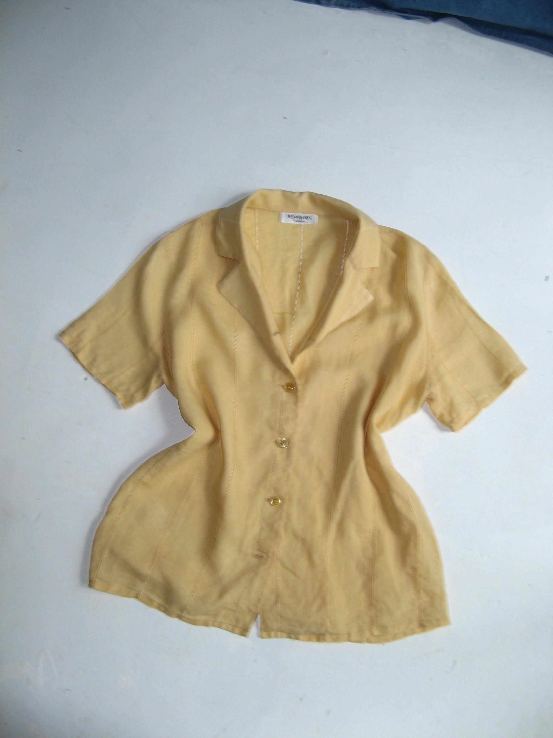 Vintage yellow linen delicate short-sleeve Yves Saint Laurent button down  - Size M