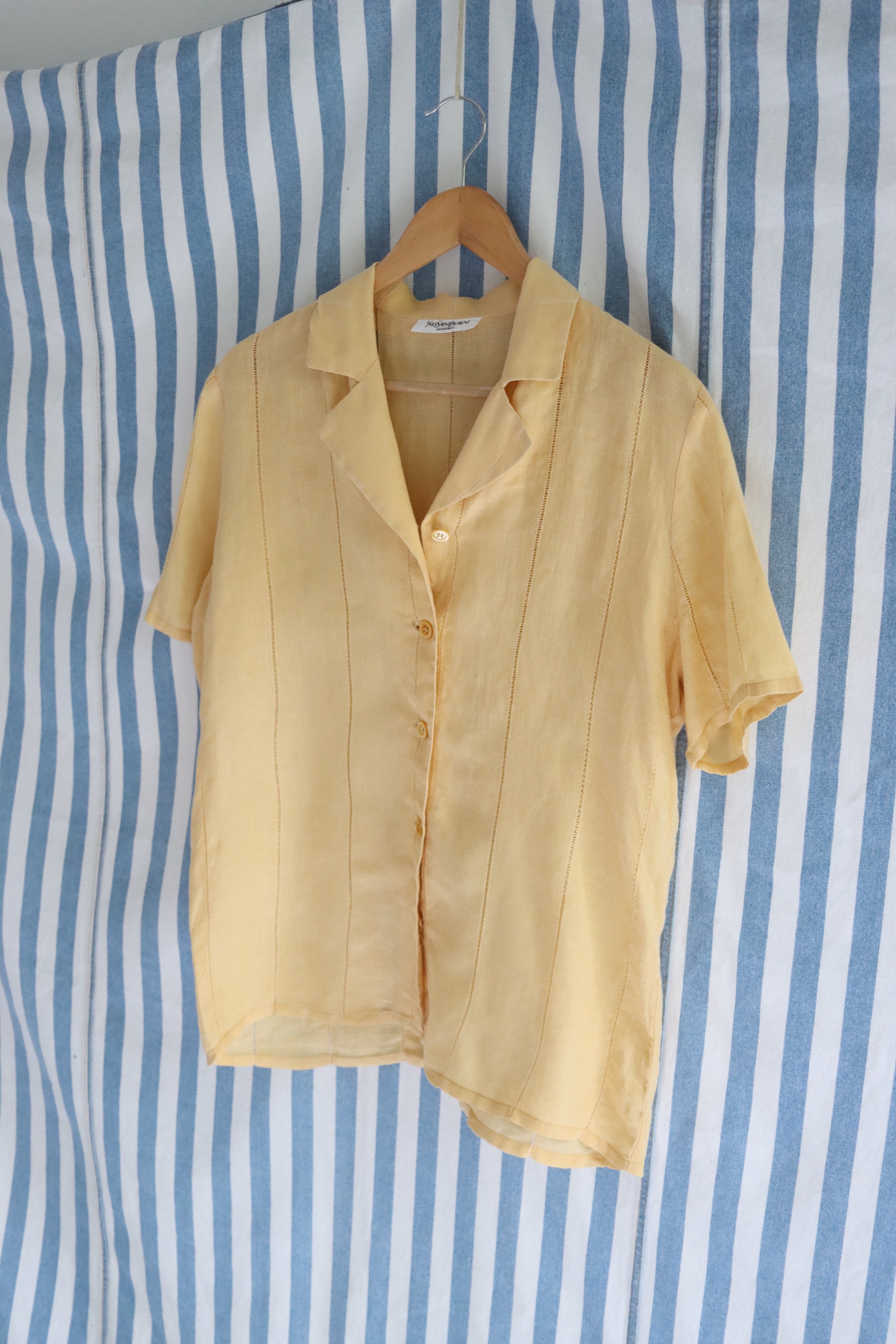 Vintage yellow linen delicate short-sleeve Yves Saint Laurent button down  - Size M