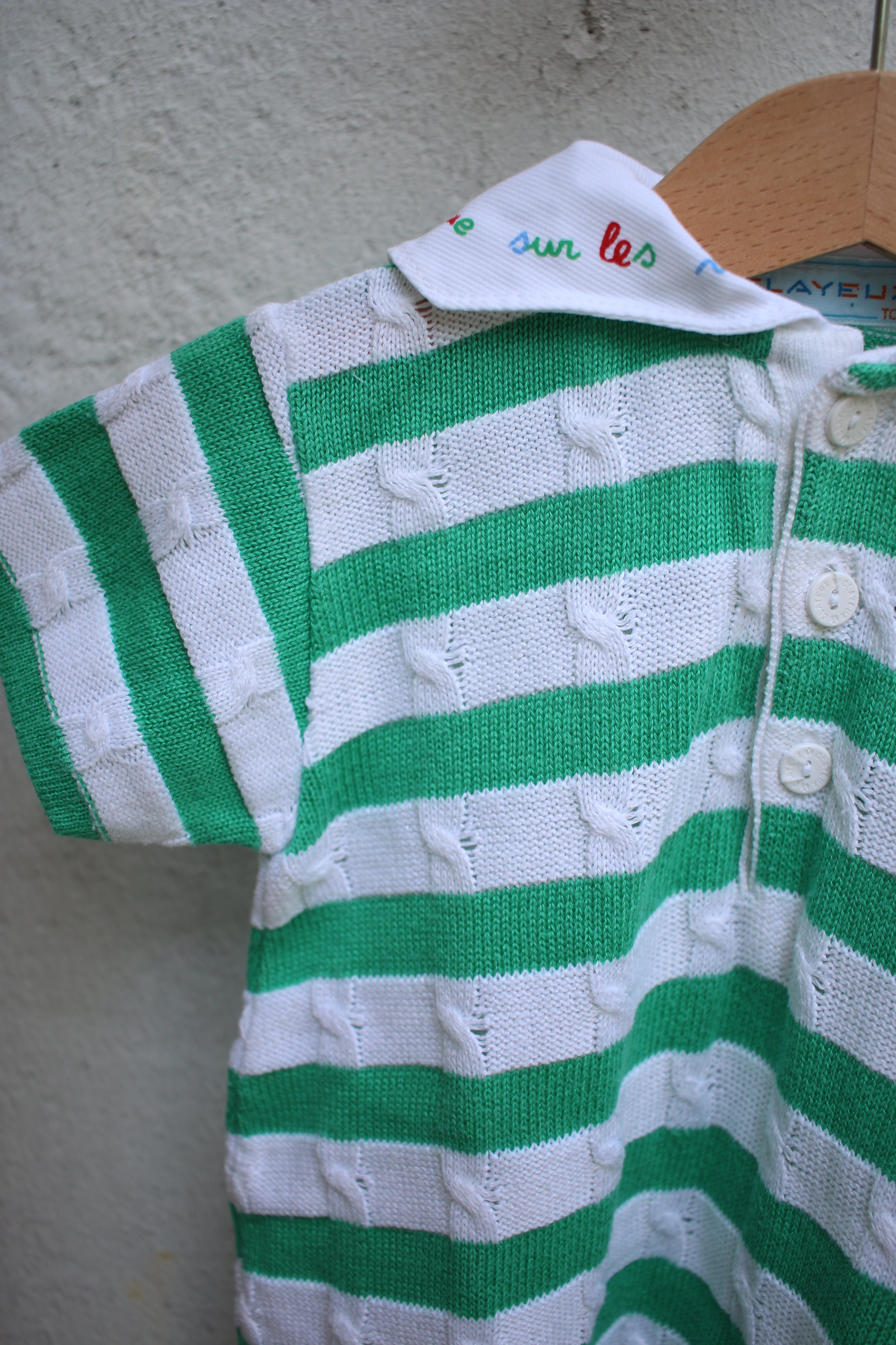 Vintage French green striped one piece - size 6 months - Made in France