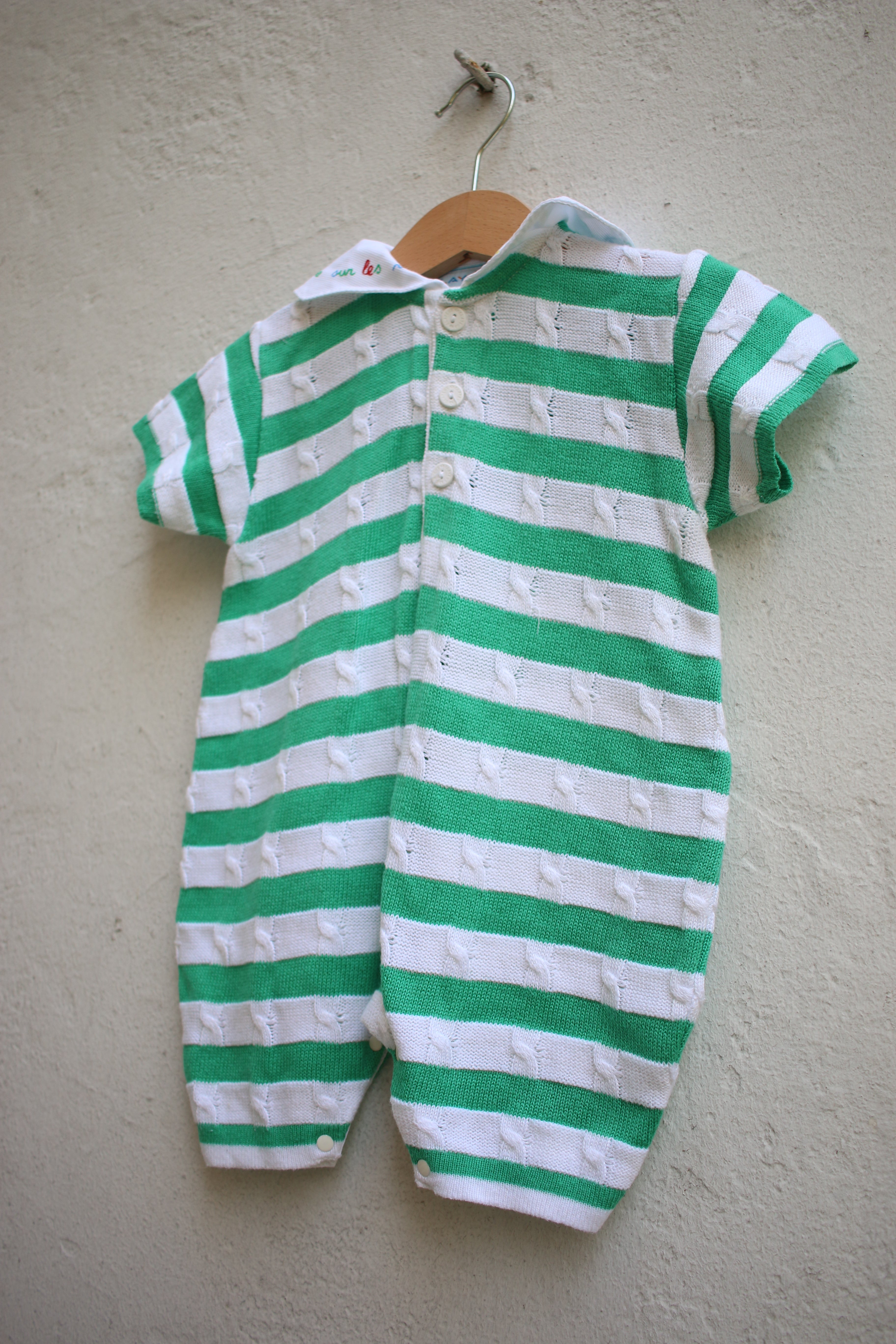 Vintage French green striped one piece - size 6 months - Made in France