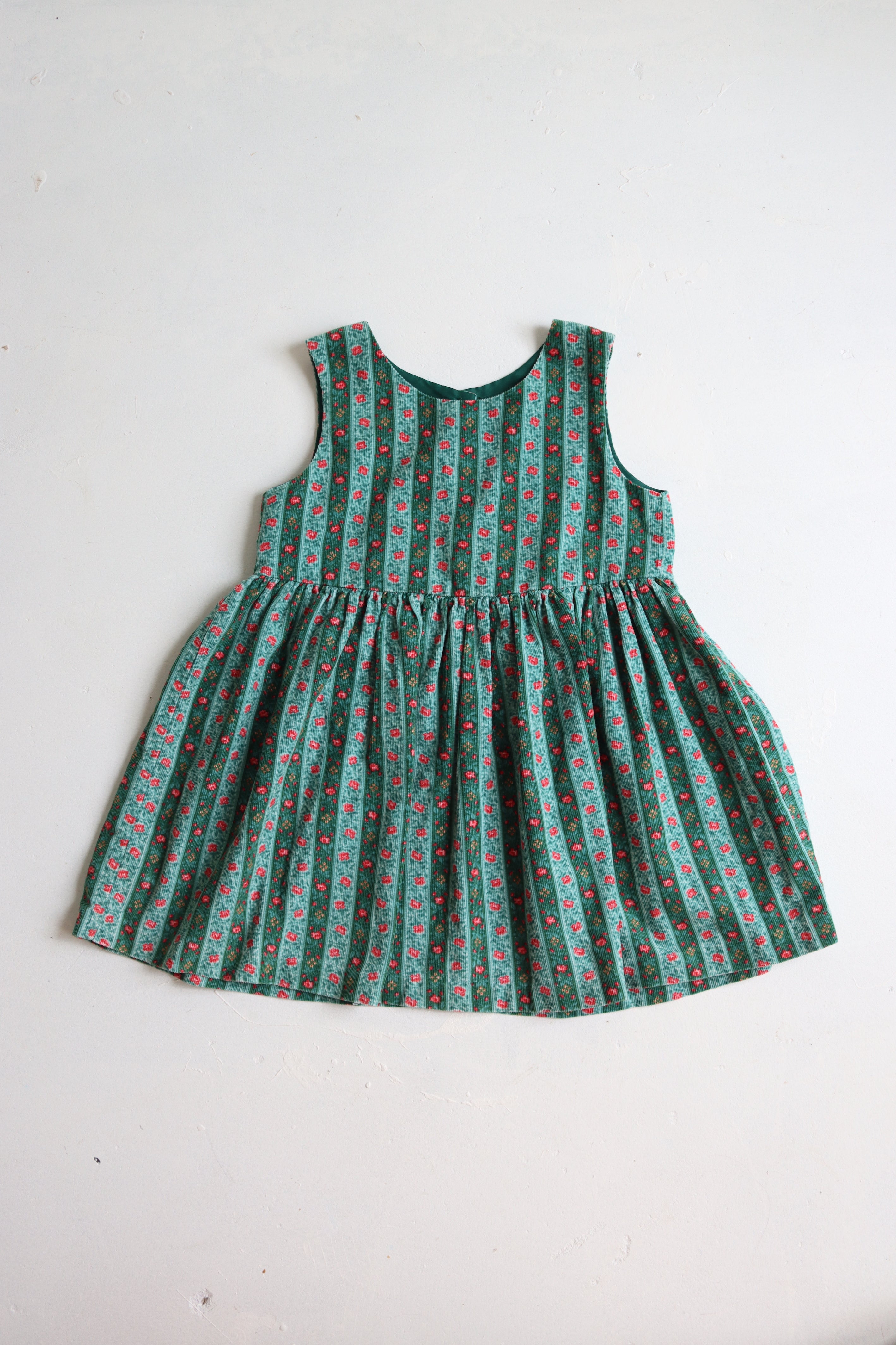 Vintage Laura Ashley green striped floral dress - Size 3 years - made in Great Britain