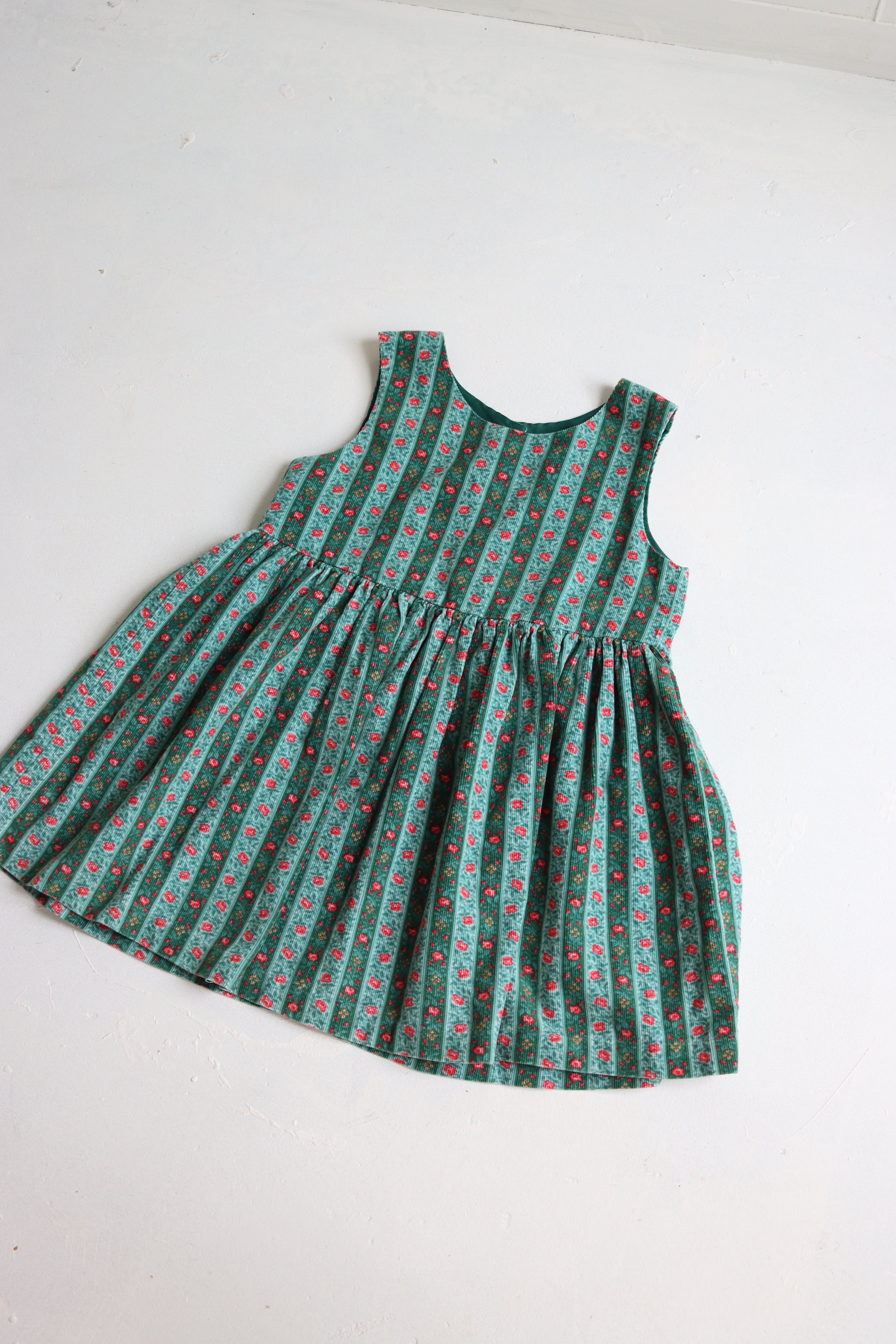Vintage Laura Ashley green striped floral dress - Size 3 years - made in Great Britain